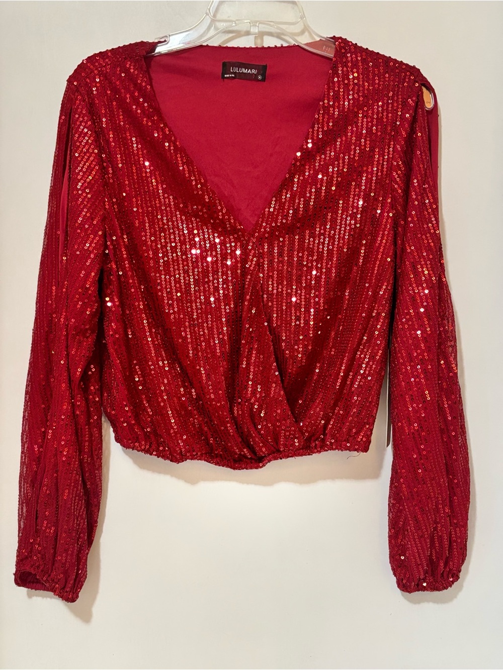 Lulumari Red Sequin Wrap-Style Long Sleeve Top